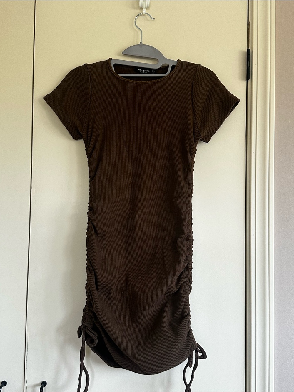 Nasty Gal Brown Ribbed Side-Tie Mini Dress